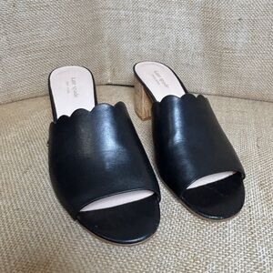Kate Spade Warren scalloped leather mule slide peep toe black block heel 10M